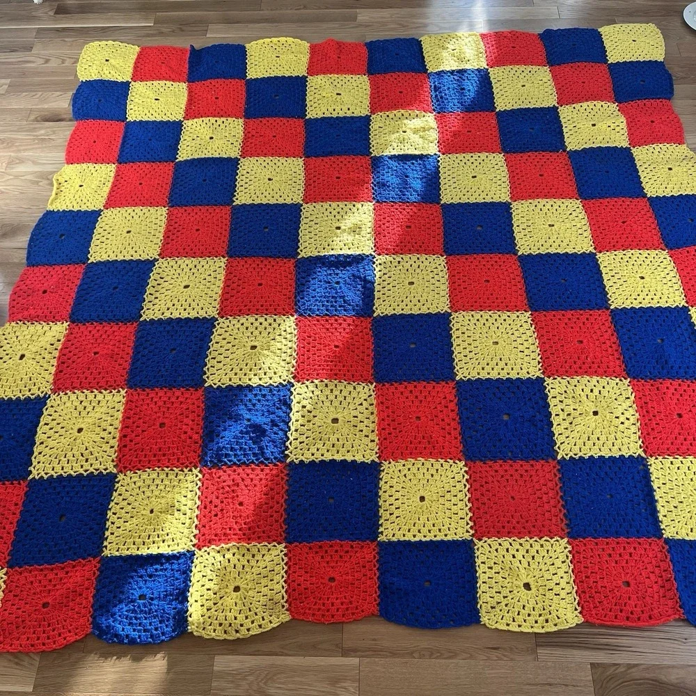 Vintage Cottagecore Afghan Crochet Granny Square Blanket 90x90 Multi Color